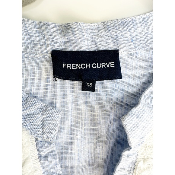 French Curve 100% Linen Beach Coverup Blue with White Trim Size XS V Neck - Picture 4 of 7